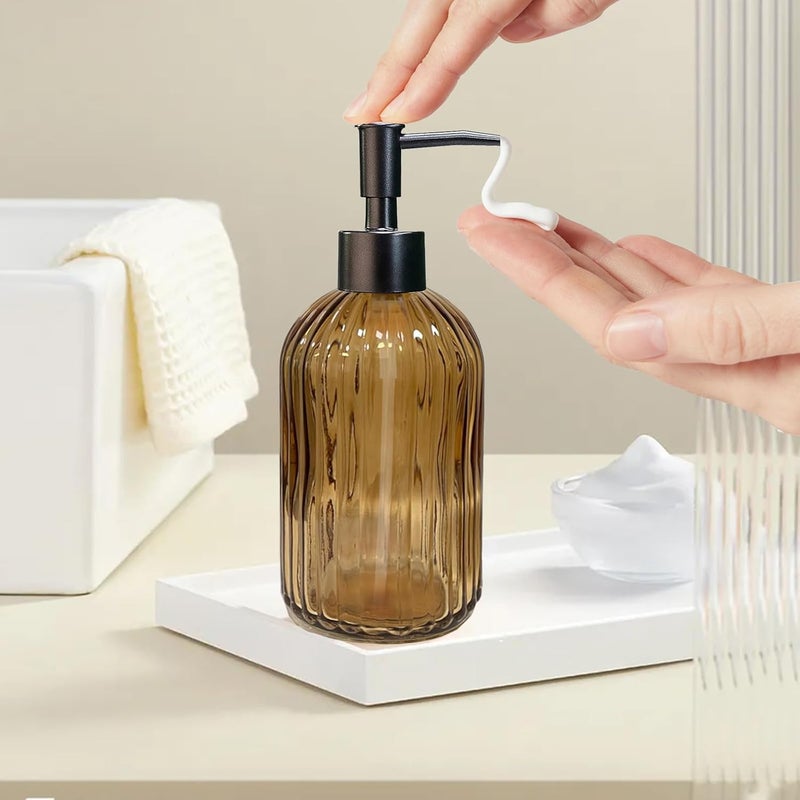 Guokanfly 14Oz Black Pump Glass Soap Dispenser, Brown Stripe Countertop Refillable Liquid Bottle Hand Dish Lotion Dispenser with Plastic Pump, for Kitchen, Bathroom - Image 4
